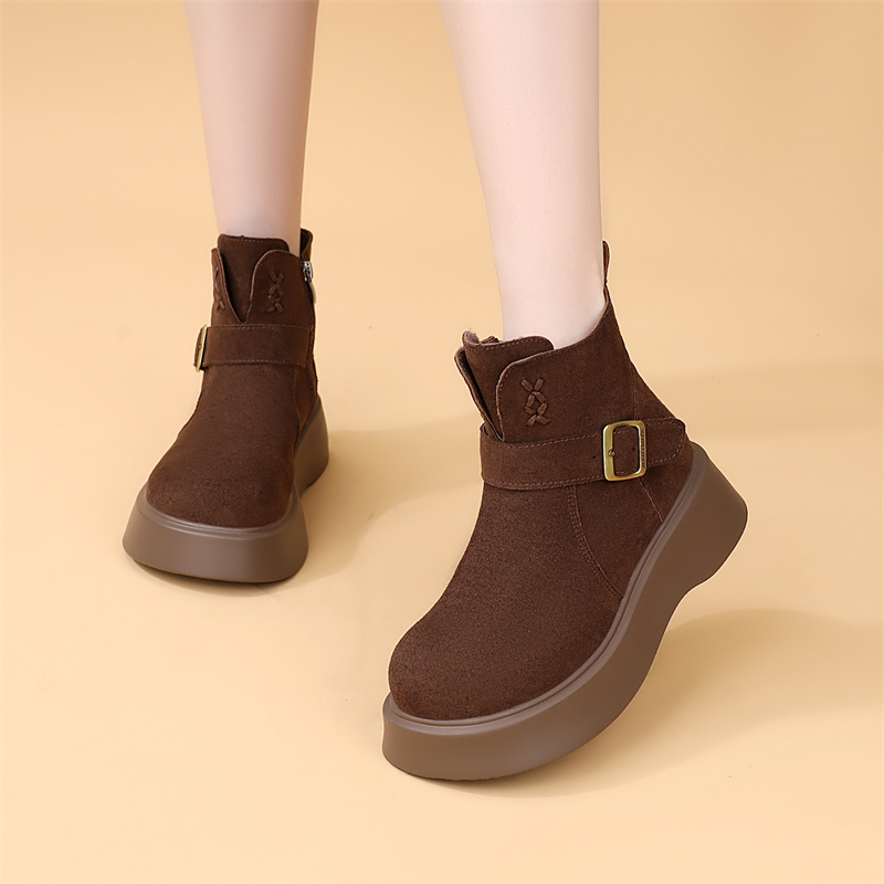 休闲松糕厚底小个子增高马丁靴女2025新款秋冬加绒复古绒面小短靴