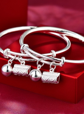 S999纯银宝宝手镯幼儿银镯新生儿光面男女宝宝满月百岁周岁送礼物