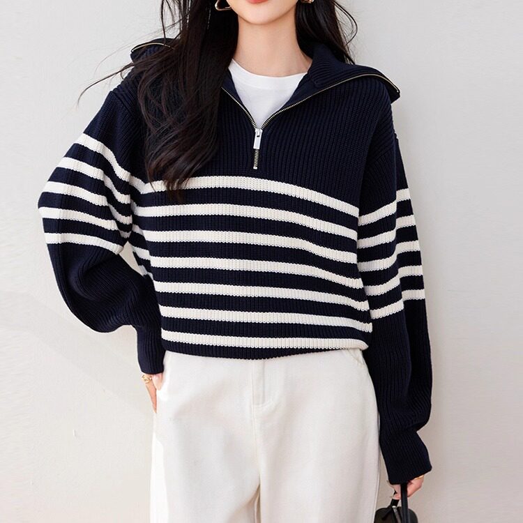简约大气polo领翻领半拉链条纹针织衫短款女春秋套头落肩宽松毛衣