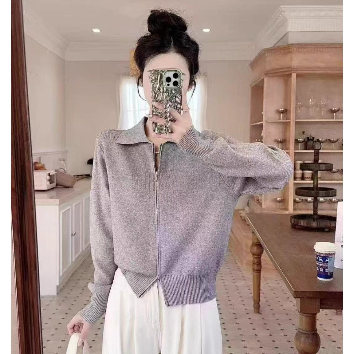 短款翻领拉链外套女秋冬简约气质温柔开衫正肩宽松毛衣可打底外套