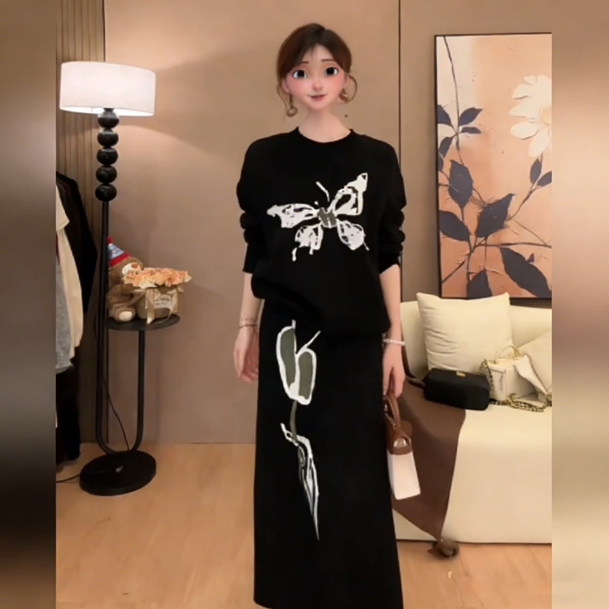 打底毛衣气质套装女秋冬国风高级感超好看蝴蝶黑色毛衣+半身裙