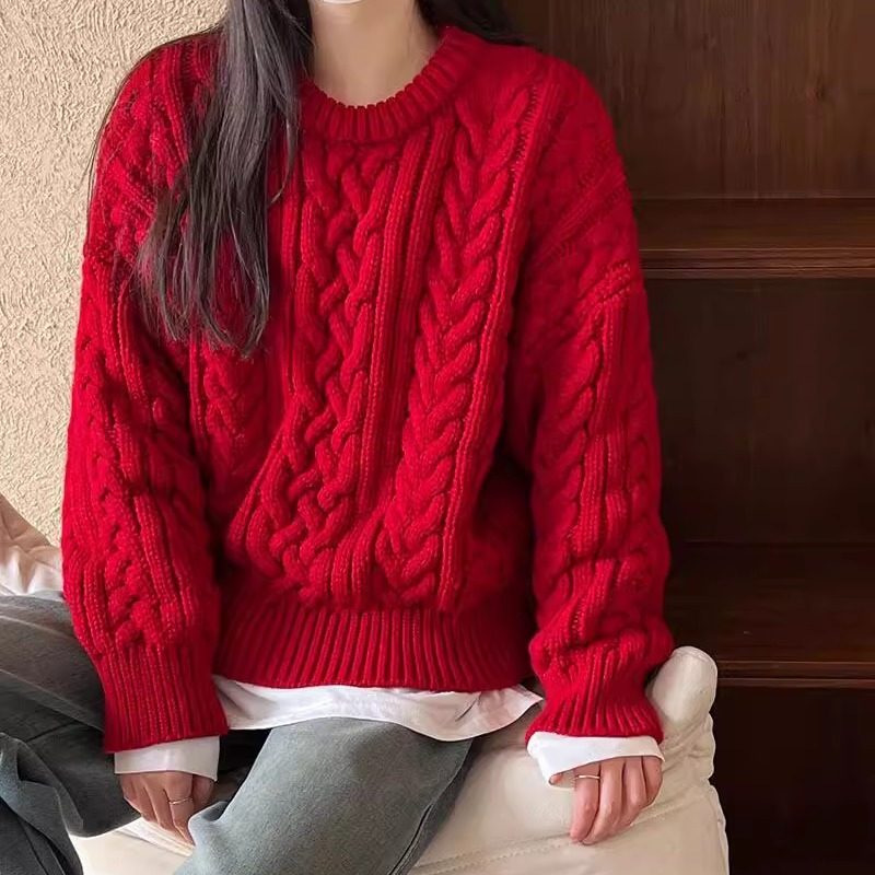 韩国秋冬ins同款八奶家麻花长袖针织衫高品质粗针宽松套头毛衣女