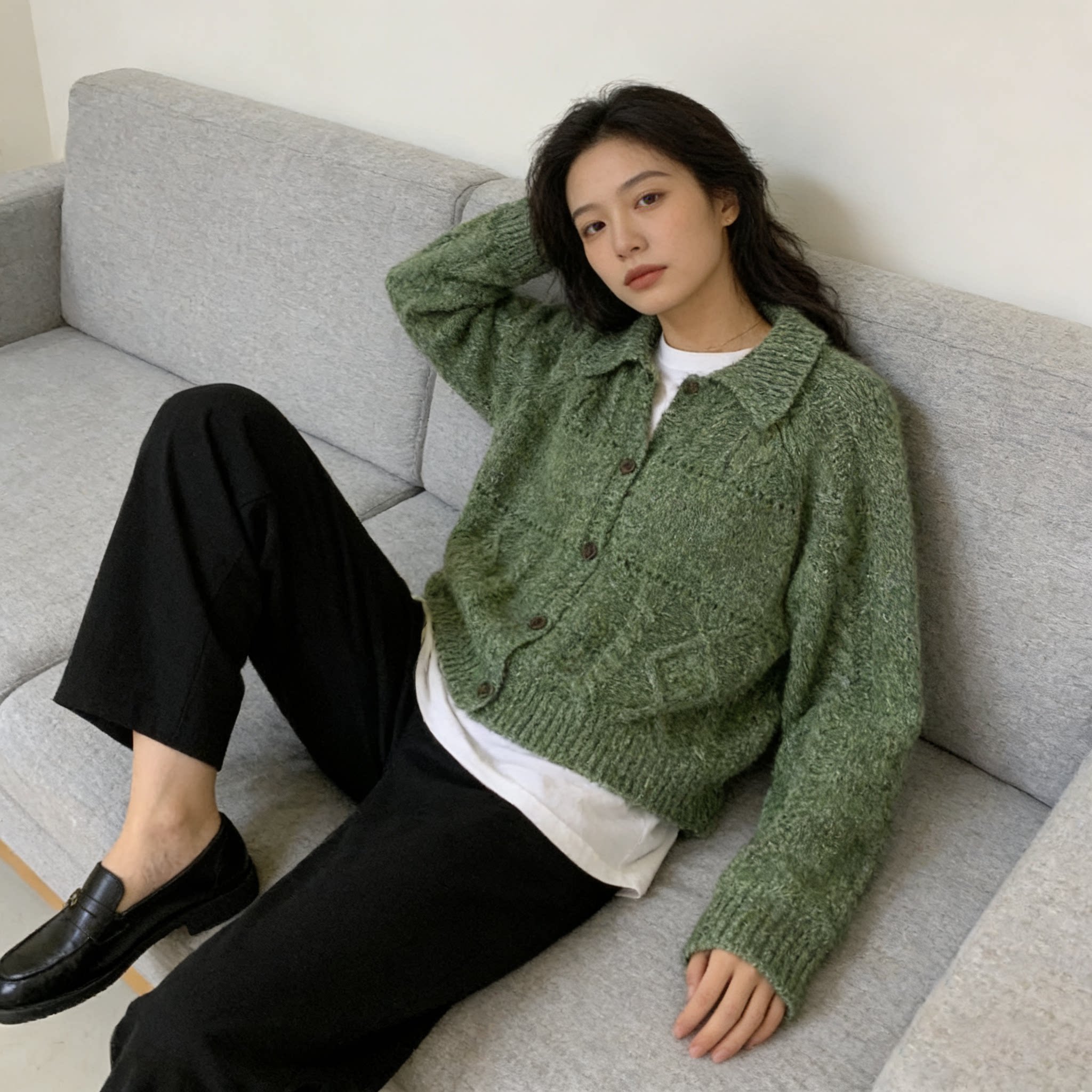复古杂线宽松绿色针织开衫女韩系翻领慵懒风粗针毛衣短款开衫外套