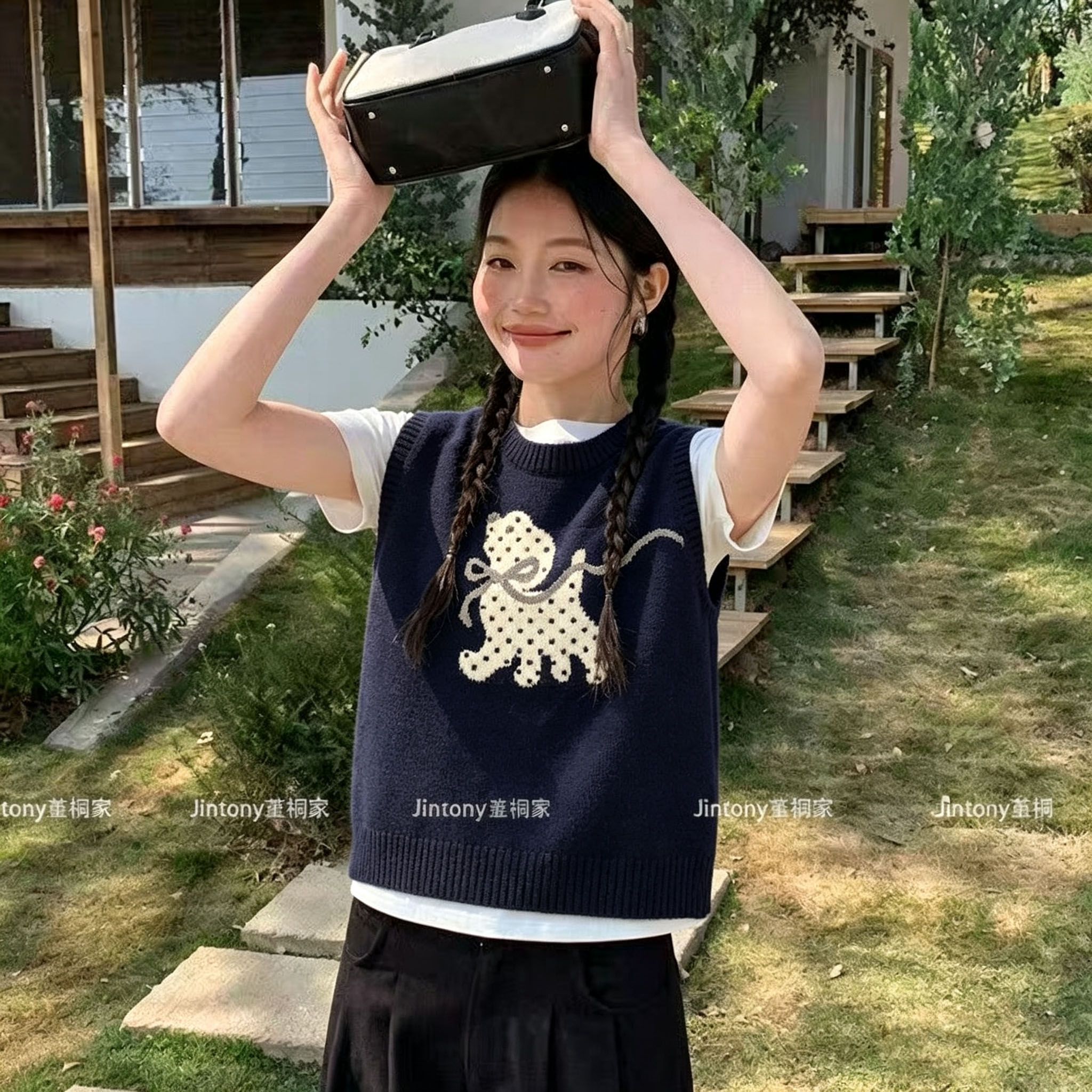 日系可爱蝴蝶结小狗针织马甲女