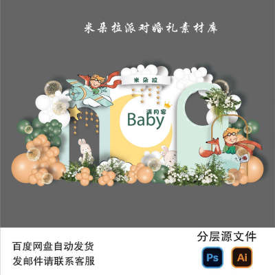 手绘风童话小王子月球宝宝生日宴满月周岁派对迎宾背景设计ps素材