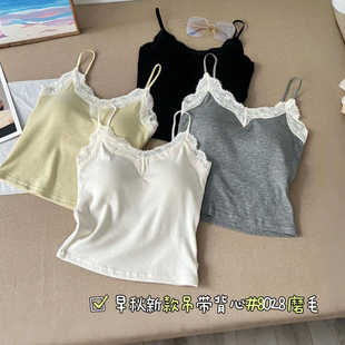 磨毛修身 甜美蕾丝边少女吊带背心带胸垫一体杯早秋新款 百搭上衣潮