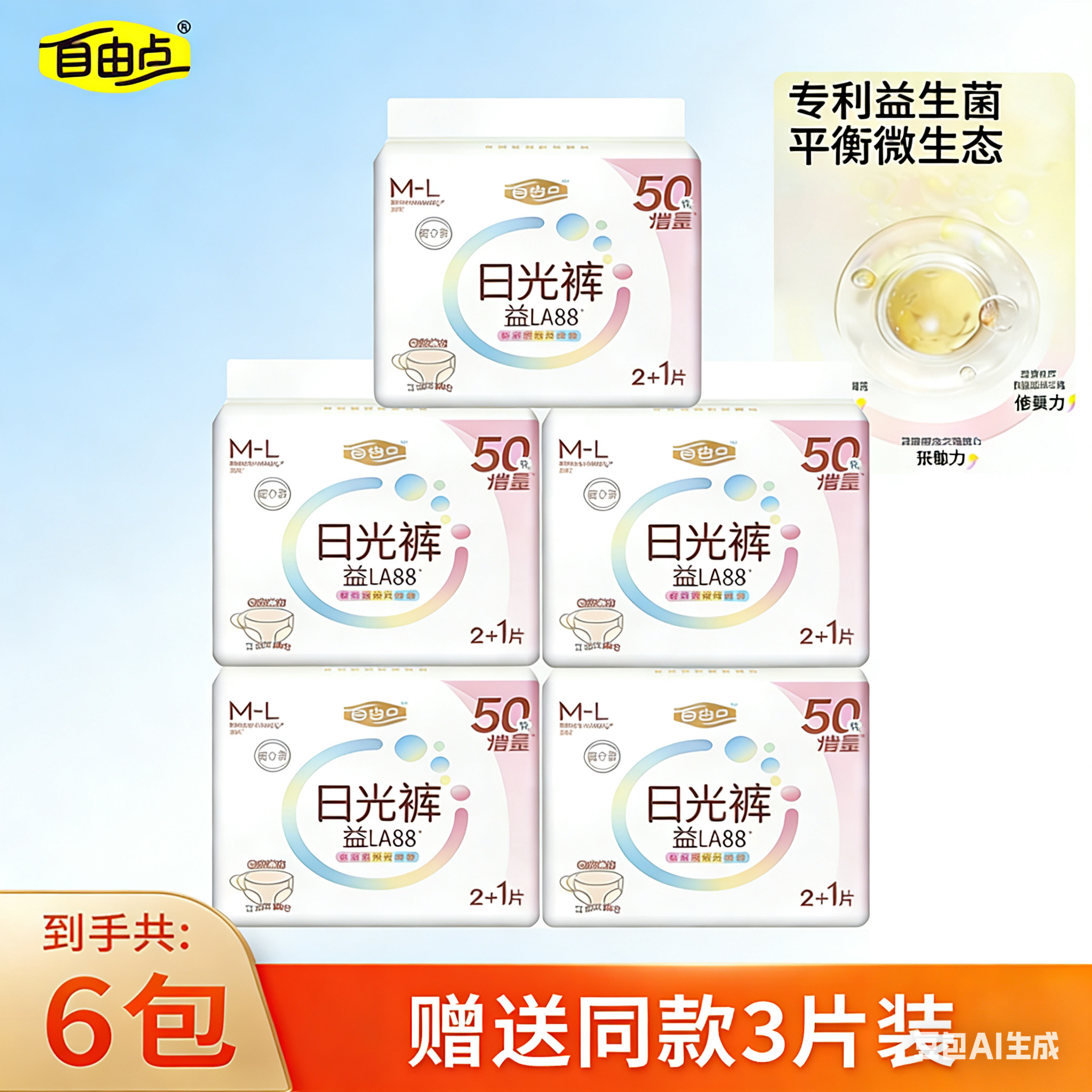 自由点益生菌日光安心裤M-L码腰贴开合式超薄益生菌透气安睡裤