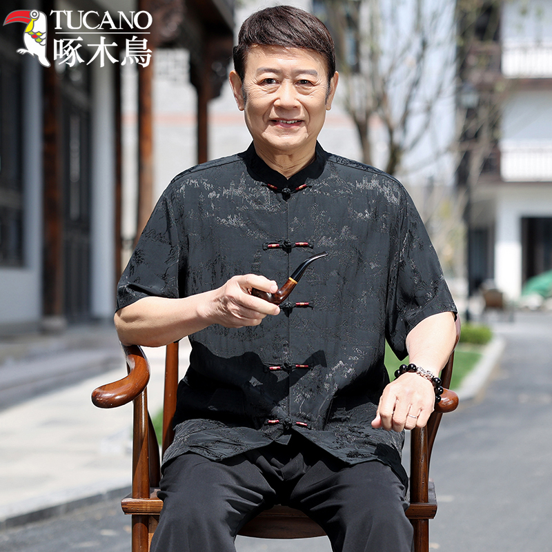啄木鸟爸爸夏装套装唐装男中老年爷爷短袖中国风老年人衣服70岁80