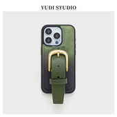 可青山绿黑色渐变皮带手机壳适用苹果17promax牛皮腕带新款 15系列原创设计保护套小众16Pro支架皮质 iphone14