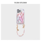 粉色蓝紫渐变天然珍珠手提链条适用苹果15Pro贝母贝壳iphone17promax手机壳仙气16Promax原创小众套14