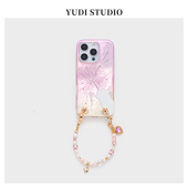 可爱粉色渐变猫爪仙女棒iPhone16 13promax硬壳挂绳少女心卡 15Promax天然珍珠手拎链条手机壳适用苹果14