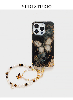 闪粉蝴蝶适用15pro苹果16ProMax天然淡水珍珠虎眼石手机链手机壳华为mate70pro保护套女氛围感17Promax壳女