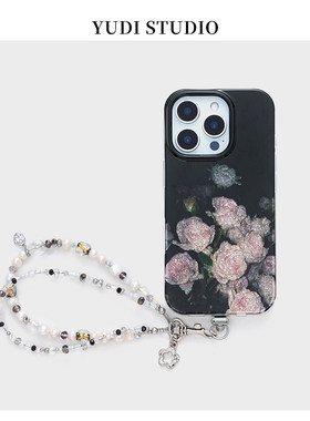 清冷感黑底闪粉玫瑰花适用苹果16promax手机壳天然淡水珍珠链条iPhone17Pro新款15手机链华为mate70Pro保护套