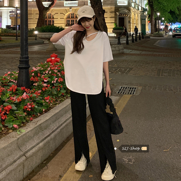 New summer version of the Korean version of loose shirt, high waist, fork, wide leg pants two pieces of salt and sweet set.