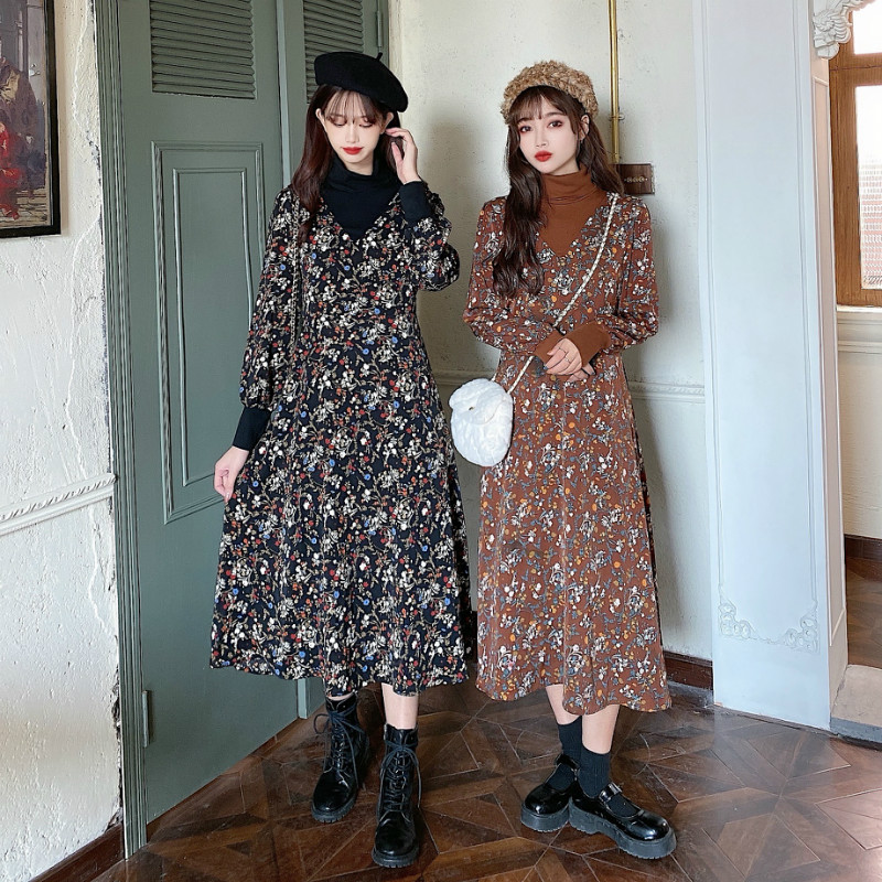 Real shot with inner lining, Hepburn style, slim waist, fried Street temperament, low Floral Dress