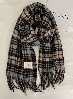 蓝色围巾女冬季2024新款韩系格子仿羊绒高级感男学生加厚保暖围脖