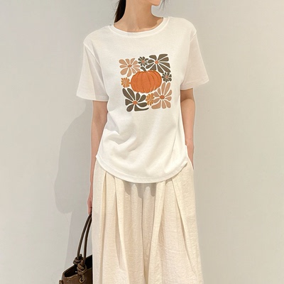 伊歌莉夏季新款韩版南瓜图案印花休闲减龄显瘦百搭短袖T恤女6778