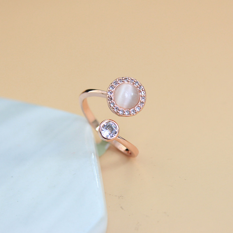 威妮华百搭中指食指开口戒指女可调节微镶钻转动转运月光石指环潮