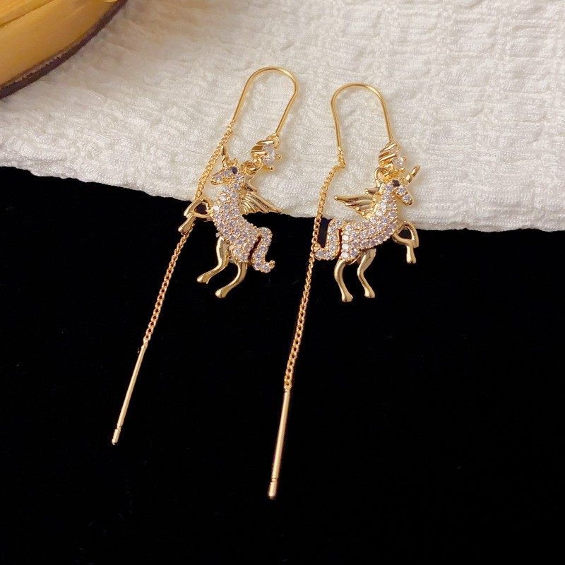 2026马年本命年精致时尚百搭满锆飞马长款流苏耳线个性轻奢女耳环
