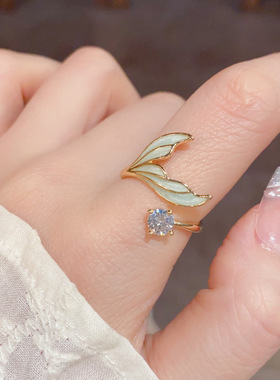 夏季新款鱼尾锆石开口戒指时尚简约设计感食指戒小众甜美百搭指环