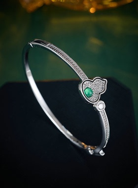 新中式葫芦卡扣手镯小众轻奢百搭戒指女复古高档绿色猫眼石手链潮