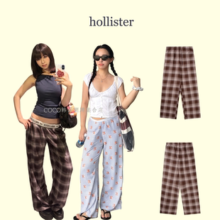 现货 hollister小海鸥 格子翻边字母织带休闲裤女美式格纹长裤