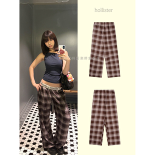 现货 hollister小海鸥 格子翻边字母织带休闲裤女美式格纹长裤
