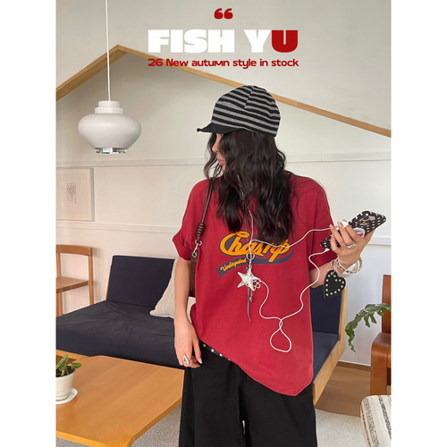 FISH YU -古字母撞色印花磨毛圆领宽松短袖T恤(含100棉料)626573