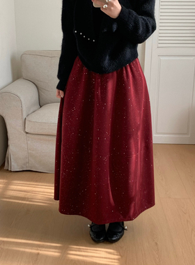 Flower & April-花苞半身裙女2025新冬红色加厚毛呢半身裙160930