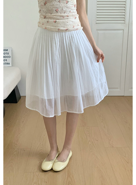 ING-蕾粉褶皱中裙女夏季新款高腰显瘦A字百搭遮胯蓬蓬半身裙18052
