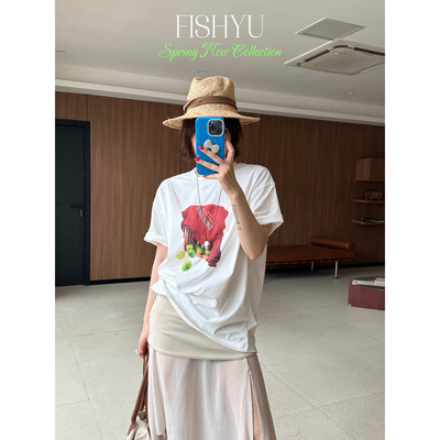FISH YU -上新美式趣味青苹果字母前后印花宽松圆领短袖T恤26150