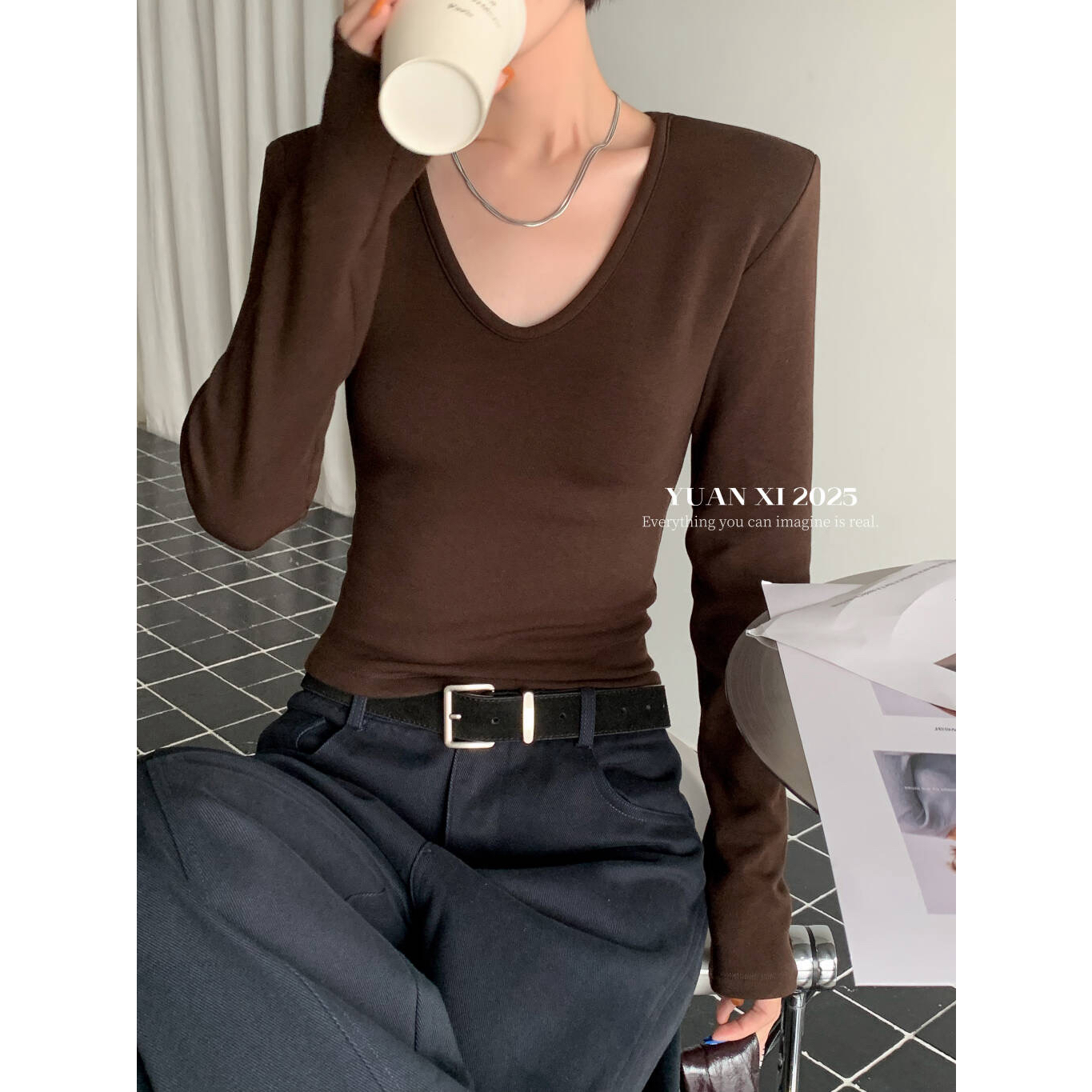 元熙-冬上新辣妹纯欲V领加绒加厚长袖打底衫YS2-3111