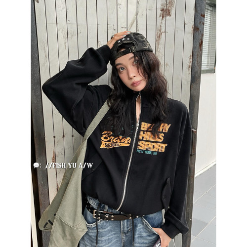 FISH YU -复古字母白墨印花立领双头拉链短款抽绳卫衣外套626636