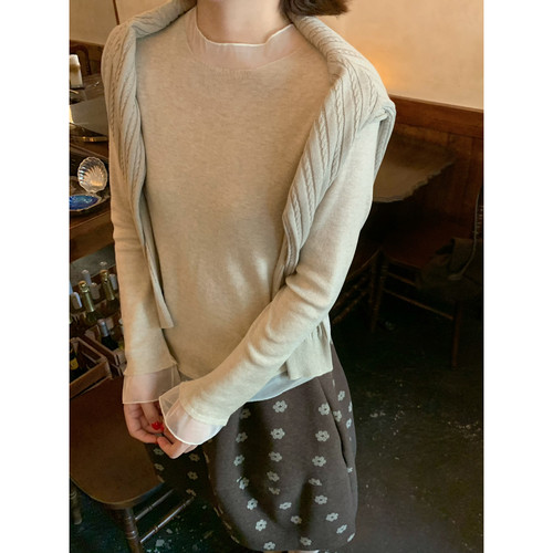 ower April（FA）-纱拼接气质百搭打底衫女长袖薄毛衣针织衫97003