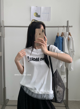 奶思家NICE STUDIO-上新韩系波点字母蕾丝花边拼接短袖T恤w63822