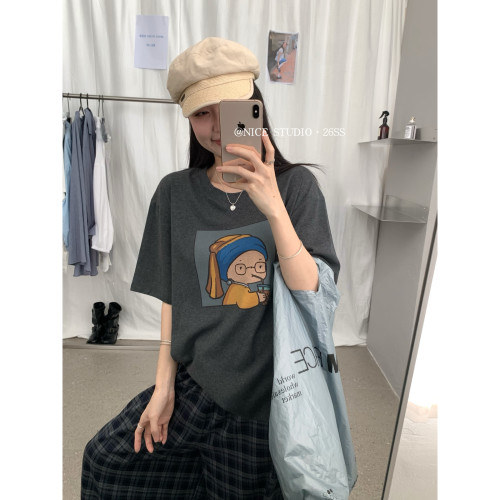 奶思家NICE STUDIO-夏上新韩代珍珠奶茶女孩印花宽松短袖T恤L8898