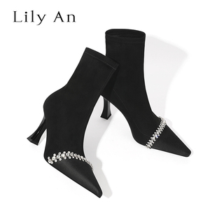 原创设计 尖头水钻高跟弹力靴女加绒细跟瘦瘦靴短靴 Lily
