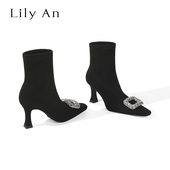 水钻方扣加绒短靴女冬季 方头粗高跟弹力靴 璀璨星河 Lily