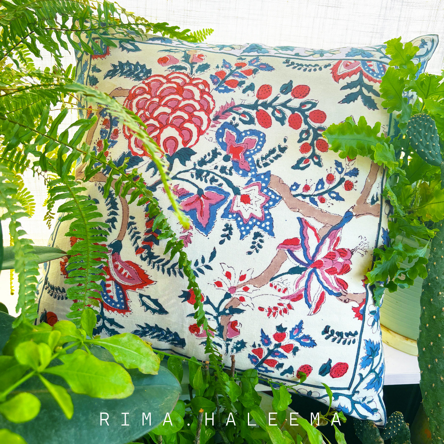 独家进口原创高级法式中古花纹手工拓印方棉枕头抱枕靠垫套复古蓝