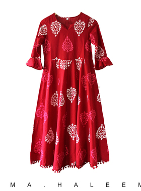 RIMA印度波西米亚度假纯棉红花中长宽松连衣裙长裙荷叶边七分袖