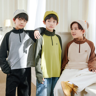 秋冬男孩双面澳绒拼接色t恤儿童拉链半高领保暖内搭打底衫米色灰