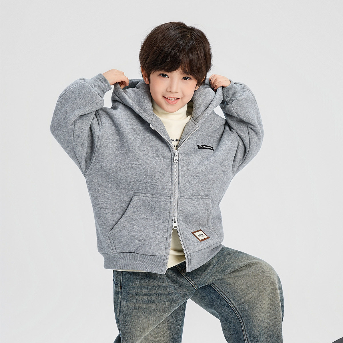 中大男童加绒拉链卫衣冬装2025新款儿童男孩连帽韩版宽松外套保暖