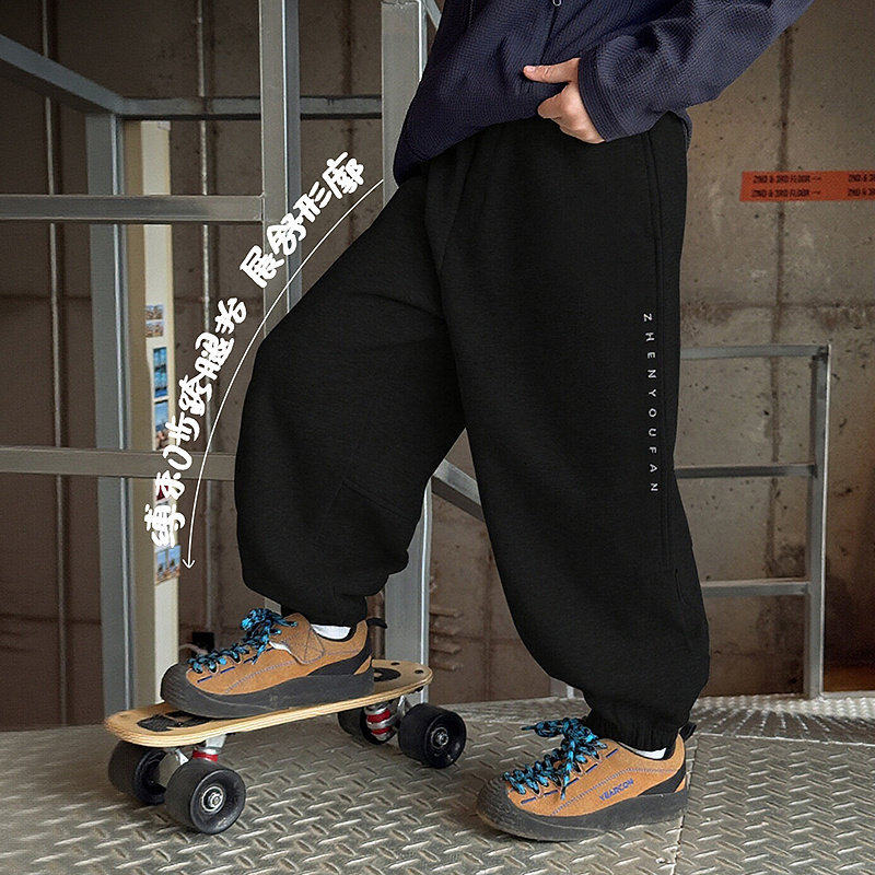 潮宝男童绣花运动裤26春新款儿童百搭束脚裤宽松裤子花灰色黑休闲