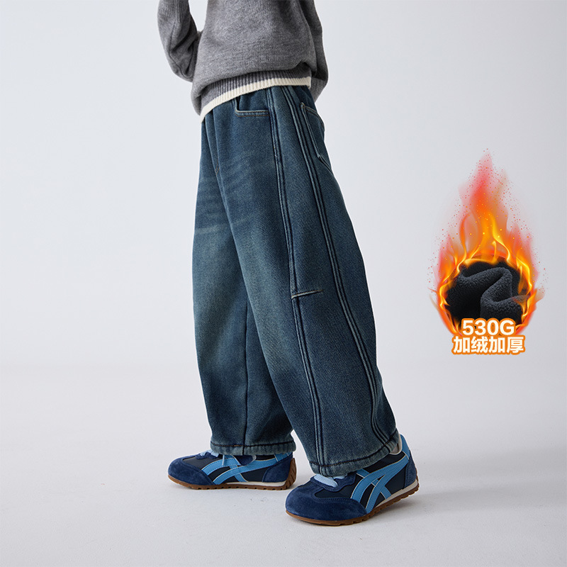 男童加绒加厚牛仔裤水洗弯刀裤