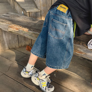 休闲百搭蓝色110 儿童男孩松紧腰中裤 175潮 牛仔裤 中大男童五分裤