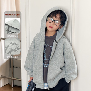 中大男童加绒连帽外套2025秋冬季新款儿童加厚开衫卫衣紫色花灰色