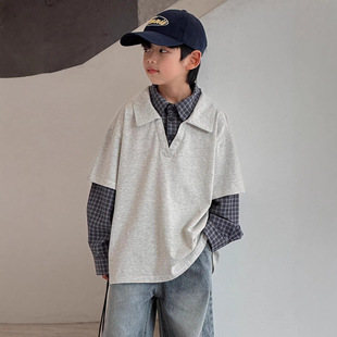 男童长袖假两件t恤春款26新款中大儿童男孩字母格子卫衣130~180潮