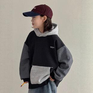 男童连帽加绒卫衣潮儿童一体绒加厚帽衫上衣休闲黑灰色120~170潮
