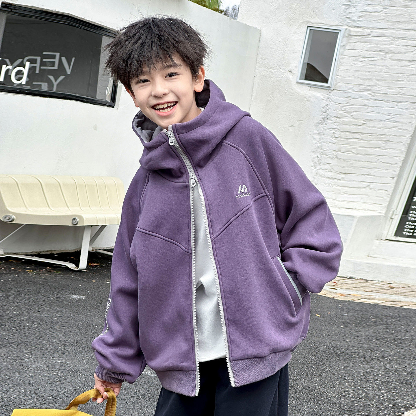 中大男童奥利绒连帽卫衣外套儿童加绒开衫蓝烟紫色花灰120~170潮