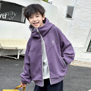 中大男童奥利绒连帽卫衣外套儿童加绒开衫蓝烟紫色花灰120~170潮